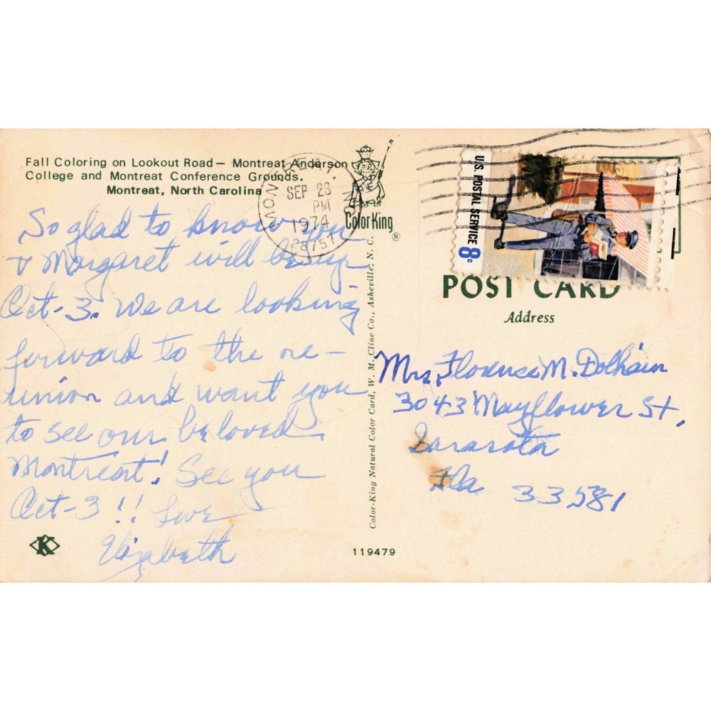 Vtg Montreat North Carolina Postcard Fall Coloring Lookout Road 1974 Postmark - Picture 2 of 2